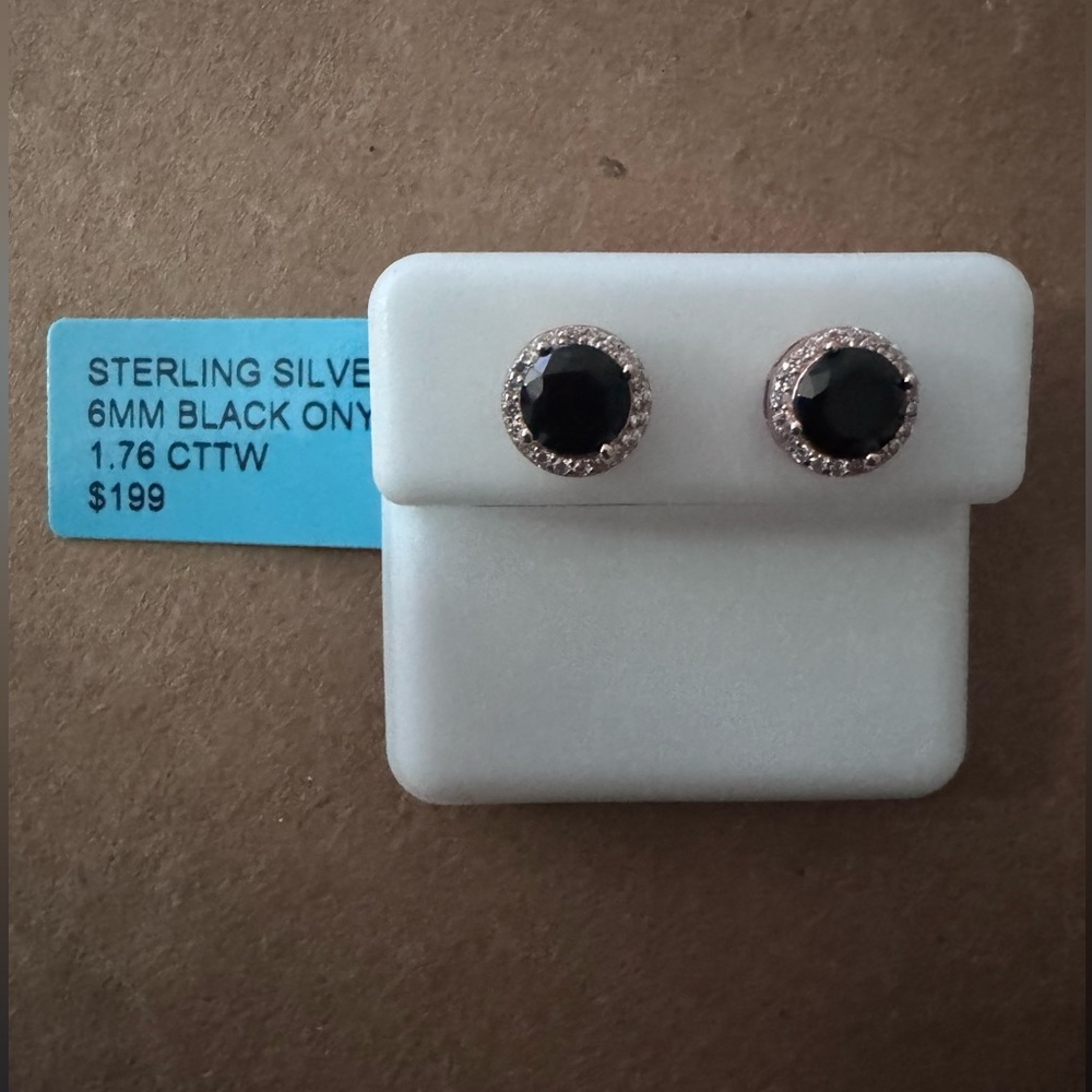 Black Onyx Halo Stud with CZ’s Earrings
